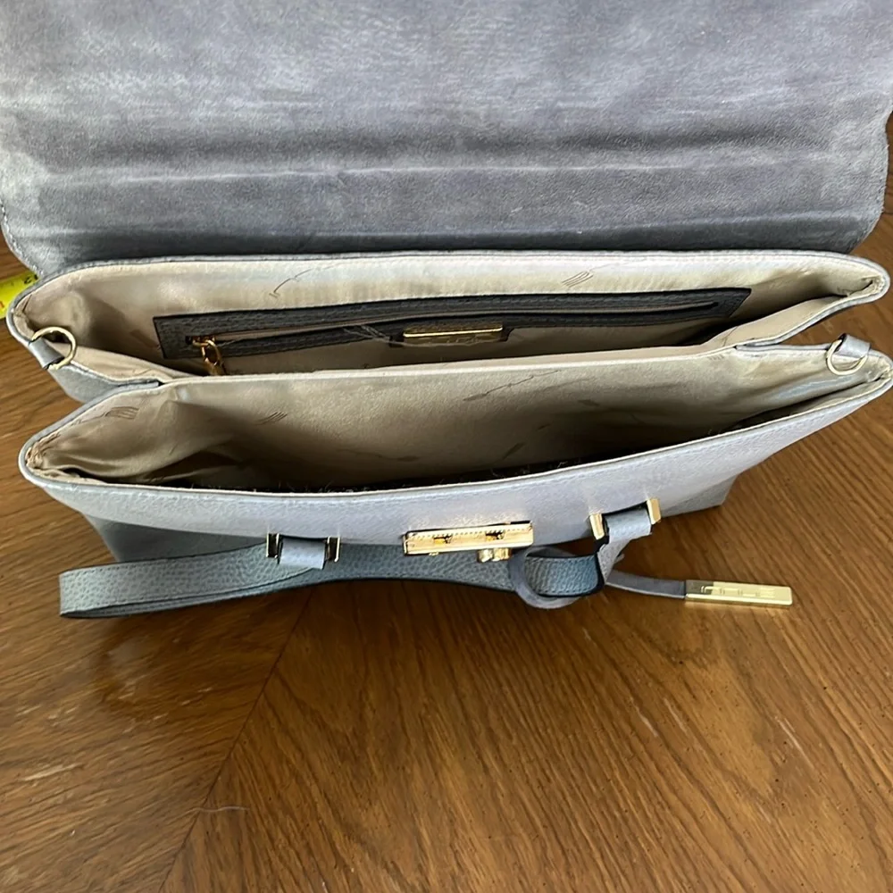 Innue Italian gray pebble leather structured satchel shoulder bag w/ gold clasp